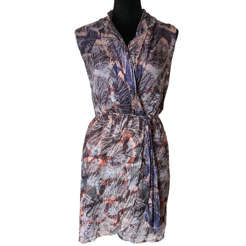 Charlie Jade Sleeveless Silk Dress, Faux Wrap Low V-Neck & Front Ties Size S/P